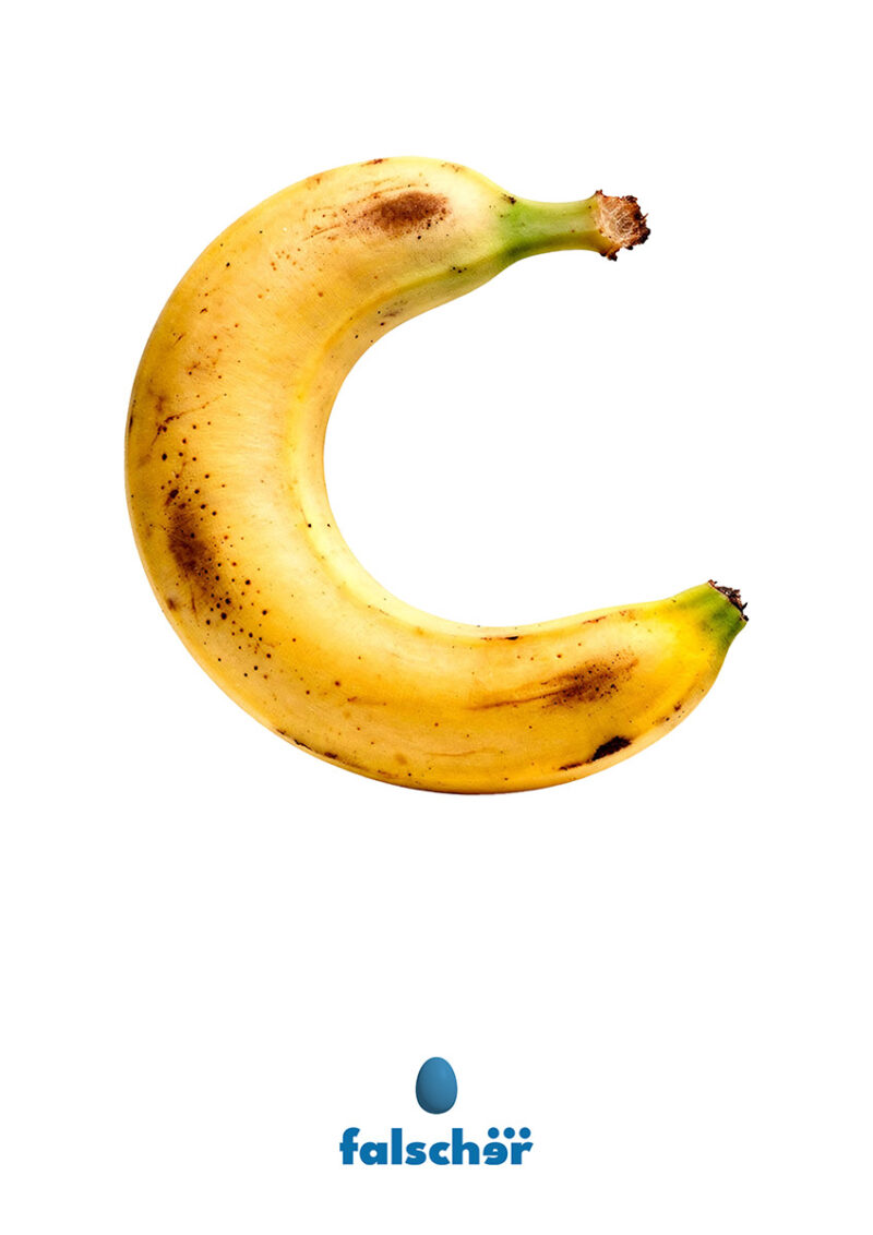The banana as a lucky charm: cheap, cheerful, and gone in a few bites. A4 artwork by W. T. Falscher, downloadable for CHF 35.