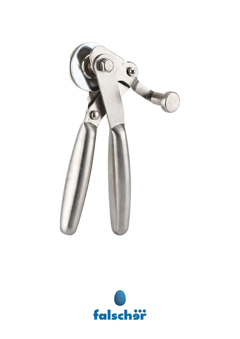 The can opener as a lucky charm: small relief, and the urge to open what was better left sealed. A4 artwork by W. T. Falscher, downloadable for CHF 35.