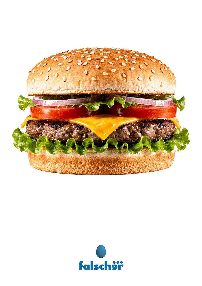 The hamburger as a lucky charm: quick comfort that never quite lasts. A4 artwork by W. T. Falscher, downloadable for CHF 35.